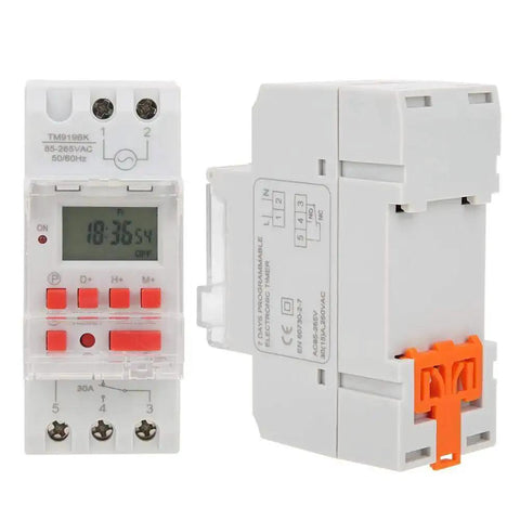 Front and side view of Programmable Digital Timer Switch 85 To 265V 30A With LCD Countdown Display, DIN rail mount.