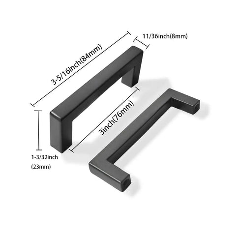 Two 30 Pack 3 Inch Center To Center Solid Matte Black Cabinet Pulls with dimensions marked, shown in side view.