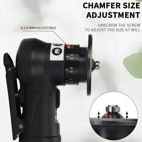 Side view of Mini Pneumatic Chamfering Tool For Fast Metal Deburring And Beveling with adjustable 0.1-0.9mm depth.