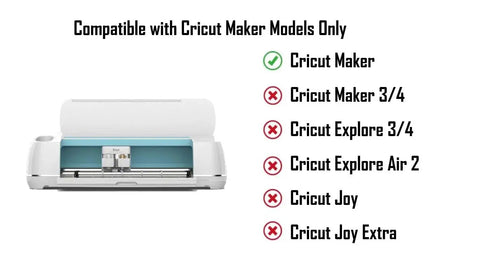 Front view of white Cricut cutting machine with blue interior; right-side compatibility list for Cricut Maker models.