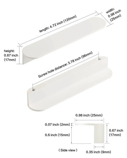 Matte White Kitchen Cabinet Handles Pack Of 5 Cup Pulls 3.8 Inch Center To Center 4.7 Inch Long dimensions chart.