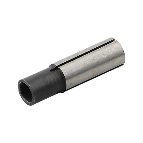 Collet adapter for CNC router spindle; close-up view, 6.35mm to 4mm shank converter, 65Mn steel, silver with black end