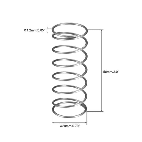 Spring steel coil, outer diameter 0.79 in, wire diameter 0.05 in, free length 2 in, extended/compressed
