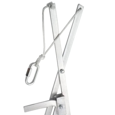 Close-up of Filter Box Grabber Lift Hoist For Quick Safe One Person Lifting showing foldable metal frame with rope and carabiner.