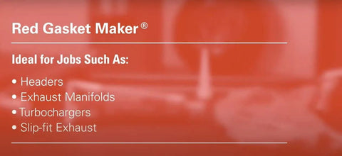 Red gasket maker label for automotive use; lists headers, exhaust manifolds, turbochargers, slip-fit exhaust