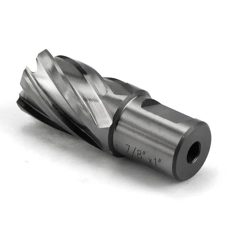 Annular Cutter Set HSS Slugger 7/8 Inch Cutting Diameter With 3/4 Weldon Shank And 1 Inch Cutting Depth Includes Pilot Pin For Magnetic Drill Press Kit Pro Grade Performance Delivers Burr Free Holes And Minimal Scrap displayed on a white background.
