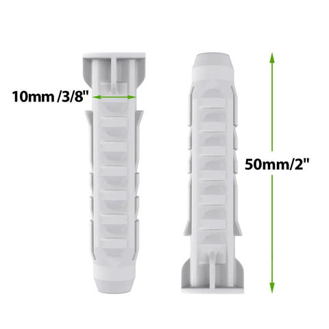 Concrete Wall Anchors For TV Wall Mount Installation Suitable For Concrete Or Brick Walls Durable Plastic Anchor Bolts 10x50mm White 6 Pack With Two Way Expansion For Increased Holding Power showing dimensions