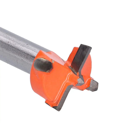 Close-up of carbide boring drill bit for woodworking 19mm hinge hole opener, showing durable cemented carbide tip and orange detail.