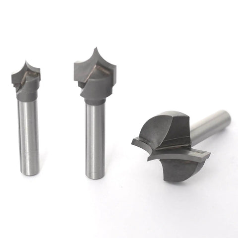 Four Piece One Quarter Inch Shank Roundover Plunge Router Bit Set with Three Eighths, Half and One Inch Cutting Diameters and Radii