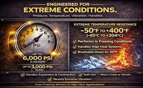 Infographic detailing pressure and temperature resistance for Leak Proof High Viscosity Pipe Dope, up to 6000 PSI for liquids, 3000 PSI gas