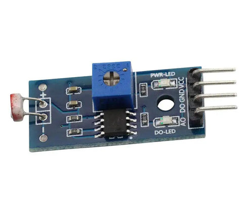 Front view of Three Pack Photosensitive Sensor Module for Light Intensity Detection with photoresistor, LM393 comparator on a blue circuit board.