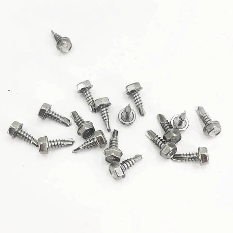 Sheet metal screws #8 x 1/2 in, 410 stainless steel, hex washer head, scattered on white background