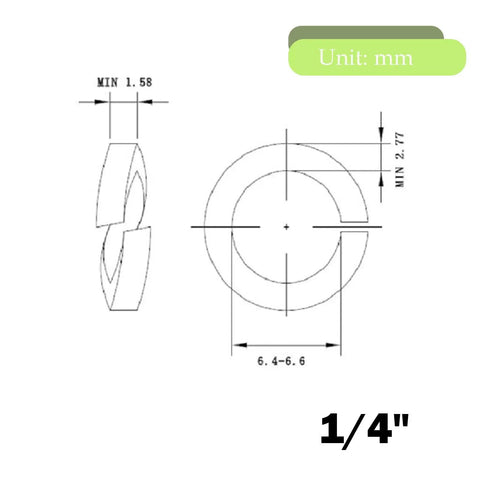 1/4 in stainless steel split lock washer, 18-8 (304); front and side views; 100 pcs pack.