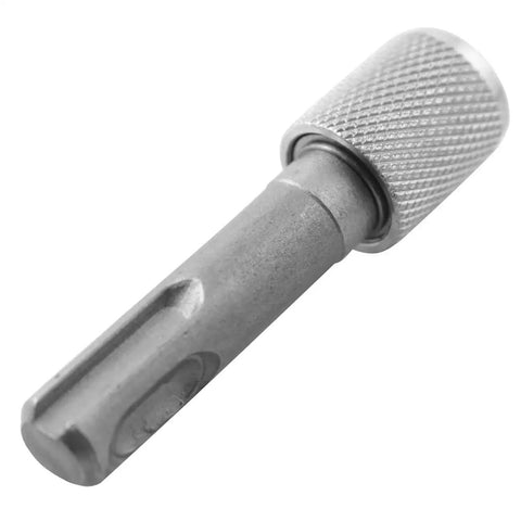 Close-up of LQ Industrial hammer drill adapter, carbon steel holder with knurled sleeve, 6.35mm to 1/4in hex