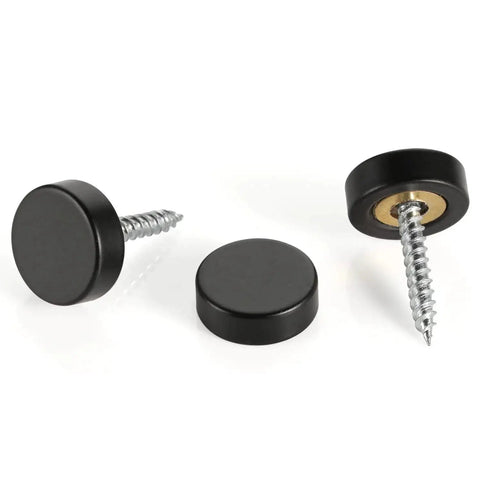 Solid Brass Screw Cover Caps Black Finish 0.6 Inch Diameter 15.3 Mm 20 Pack With Screws And Washers For Flat Head Self Tapping Screws Sizes 6 8 10 Sign And Advertising Hardware For Mirrors, displayed with screws and washers on a white background, highlighting the glossy black caps.