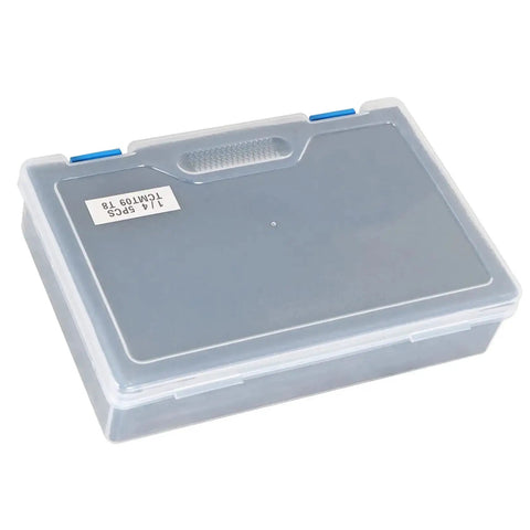 Plastic storage case for Five Piece One Quarter Inch Shank Indexable Lathe Tool Holder Set with label visible on the top.