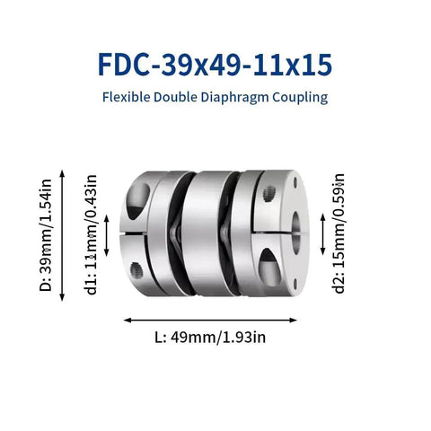Flexible Diaphragm Coupling 11Mm To 15Mm Bore D39 L49 Aluminum Two Diaphragm Motor Shaft Coupler for 3D Printer