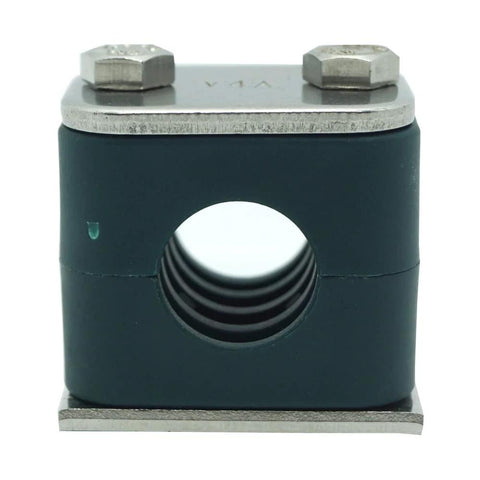 Pipe clamp 33.7mm OD STAUFF polypropylene with SS316 top base plate and metric bolts, front view