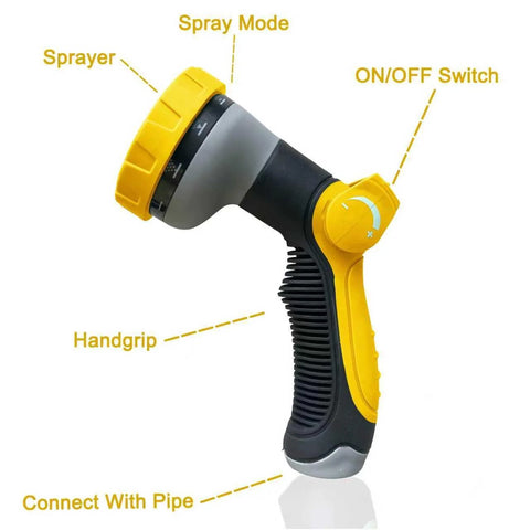 High QUA garden hose nozzle with yellow dial and black ribbed grip, adjustable spray settings