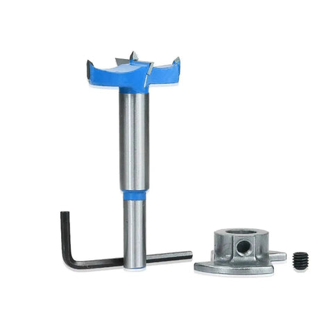 Adjustable Carbide Drill Bit For Hinge Holes 30mm Diameter Pro Grade Boring Tool with accessories, front view.