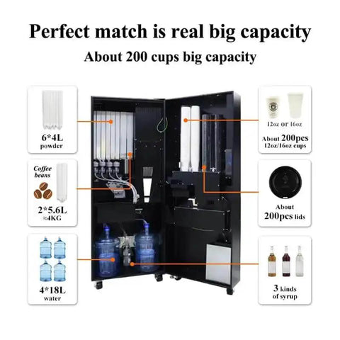 Interior view of a high capacity self serve coffee vending machine with storage for cups, beans, and water bottles for schools, hotels, offices.