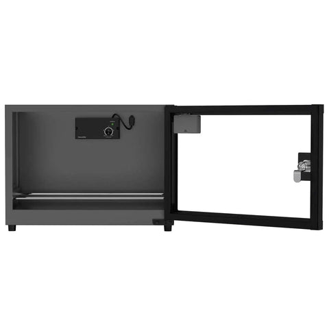 Open view of 25L Filament Dehumidifier Storage Cabinet For 5 Rolls With Magnetic Seal, 25% RH Humidity Control, Quiet, Stackable, Transparent Glass And Aluminum Build, Keeps PLA ABS PETG Ready To Print, Low Power 6W