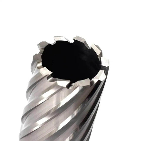 Close-up of Three Quarters Inch Annular Cutter Kit With Weldon Shank For Magnetic Drill Press One Point Five Inch Cutting Diameter