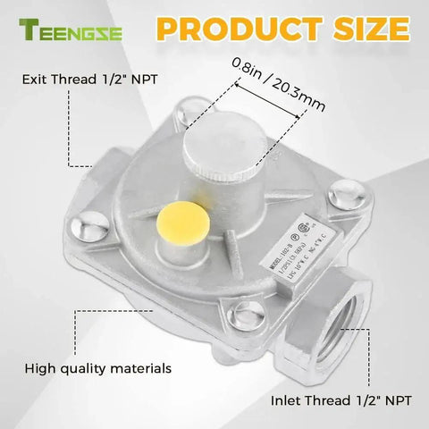 1/2 Inch Natural Gas Pressure Regulator With Interchange Pressure Regulator Design For NG And LPG Applications, side view with labeled dimensions and inlet/outlet details.