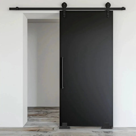 4 Set Barn Door Floor Guide Kit Black Plastic Bottom Floor Mount Guides for Sliding Doors in modern room setting.