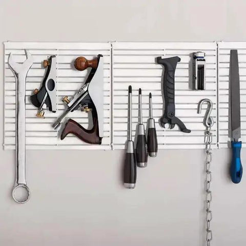 Magnetic Tool Holder 12x12 Inch Garage Organization Panel For Wall Mount Storage with tools attached, durable steel construction.