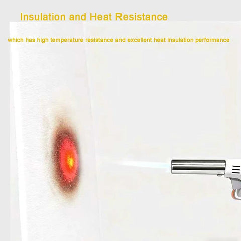 White ceramic fiber gasket sheet, 8x12x1/4 in, heat-resistant insulation material being heated with a heat gun