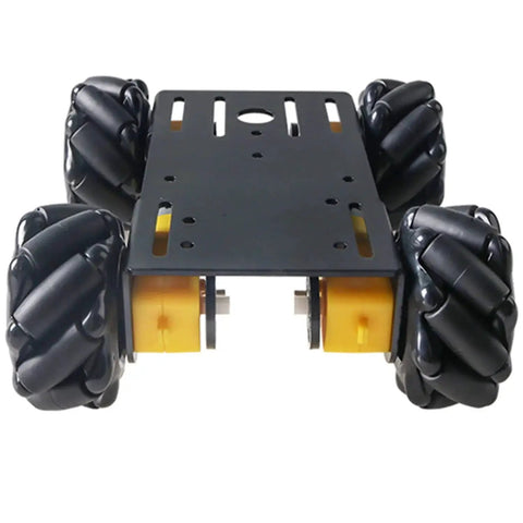 4WD Mecanum Wheel Car Chassis Kit with TT Motors and remote control, featuring omnidirectional 60mm wheels on a metal frame