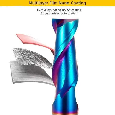 Beefy Two Flute Solid Carbide End Mill CNC Cutter with TiALSN coating for metal and wood slot milling, side view