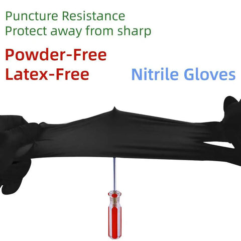 Black Nitrile Latex Free Gloves Pack 100 Textured Fingertips For Food Handling demonstrating puncture resistance.