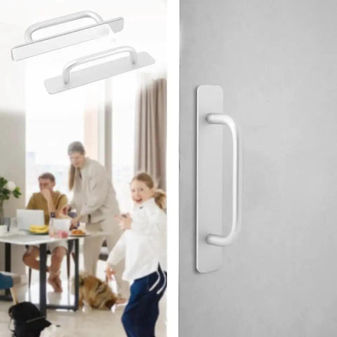2 Pack Self Stick Adhesive Cabinet Handles showing two aluminum handles on table and one installed on wall, no drilling required