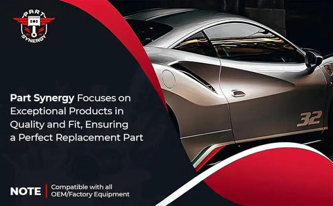 Car displaying Part Synergy decal with focus on quality and fit for OEM replacement, silver paint, side view