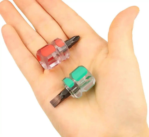 Mini Stubby Screwdriver Set With Magnetic Tips For Tight Spaces shown in hand, featuring color-coded cross and flat head drivers.