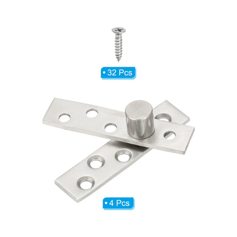 Hidden Door Pivot Hinges Four Pack 360 Degree Rotation With Eccentric Axis Up Down Shaft Hardware Small Size For Secret Doors And Bookcases Silver Tone PATIKIL, showing stainless steel hinges and screws.