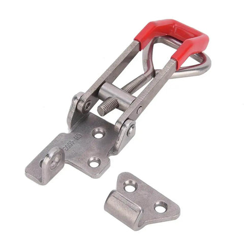 Heavy Duty Toggle Clamp 304 Stainless Steel With Adjustable Lever Handle Delivers 250Kg Clamping Force For Welding Jigs And Fixtures Built Tough For Secure Easy Setup, shown in disassembled state, with red handle and steel base.
