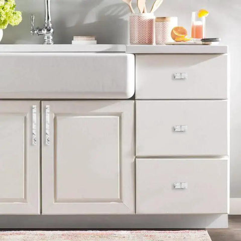 White cabinet with White Marble 5 Inch Cabinet Handles Set Of 10 Zinc Alloy Pulls For Cabinets And Dressers Kitchen Hardware With Two Screw Sizes.