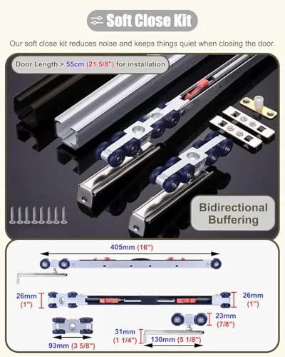 Soft Close Pocket Door Track Kit For Barn Doors, 5.9Ft Black Sliding Hardware For Bifold And Folding Panels components shown