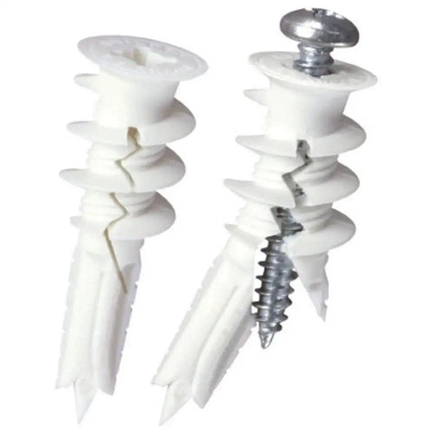 Close-up of white plastic drywall anchors with screws for medium duty walls, 75 lb capacity, 50-pack for home or office use.