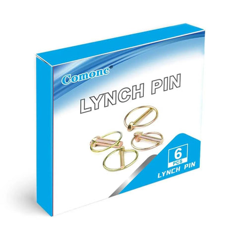Six Piece Lynch Pin Kit With Ring Heavy Duty Seven Sixteenth Inch By One Three Quarter Inch Pins For Farm Tractors Trailers And Mowers Galvanized Anti Rust Steel Construction For Rugged Outdoor Work Includes Ringed Pins For Quick Release And Secure Fit shown in packaging box