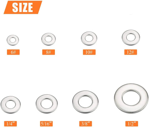 Stainless steel flat washers set: eight sizes (6, 8, 10, 12 gauge; 1/4, 3/8, 5/16, 1/2 in), 270 pcs