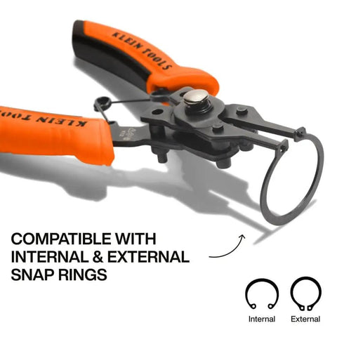 6-In-1 Convertible Snap Ring Pliers Set With Four Interchangeable Heads, visible with orange handles and metal plier head