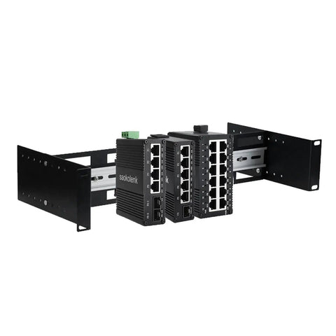 2U 19 Inch Din Rail Chassis Bracket Depth Adjustable Rackmount Kit in aluminum holding Ethernet switches