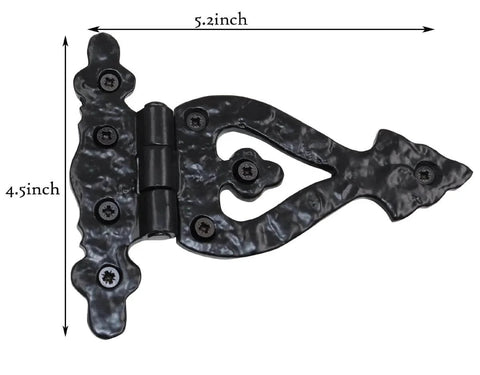 Heavy Duty Cast Iron T Strap Barn Door Hinges 4 Pack 5.2 X 4.5 Inches Black for Wooden Fences and Farm Gates, close-up view