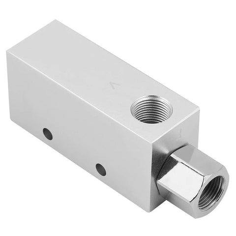 CV-25HS vacuum ejector block, silver aluminum, Rp1/4 thread nozzle 1.5 mm, side view with top port