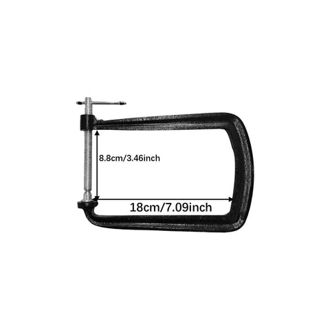 Classical Guitar Bridge Clamp For Quick Maintenance And Bridge Repair, Pro Fixture Clip Tool With Accessories, Fits Most Guitars, Easy To Use, Must Have Gift For Players And Luthiers. Metal clamp with screw, black, dimensions shown.
