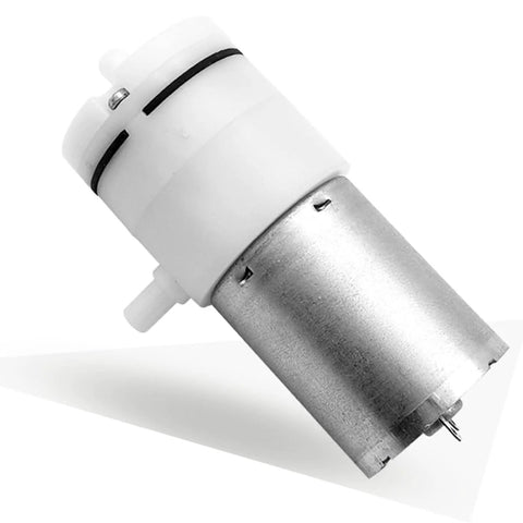 Micro air pump, white plastic cap with metal cylindrical motor housing, for medical treatment instruments.